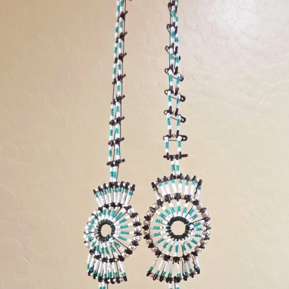 OFAK Squash Blossom Turquoise White Black Handmade Beaded Safety Pin Necklace